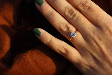 “It was a snowy day in lockdown and we decided to have yet another takeaway and he got down on one knee during the dinner!” - Holts Gems