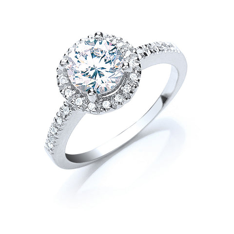 Round Halo Cubic Zirconia with Pavé Band Sterling Silver Promise Ring