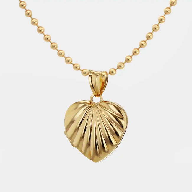 9ct Solid Gold Ridge Heart Locket Pendant With Ball Chain
