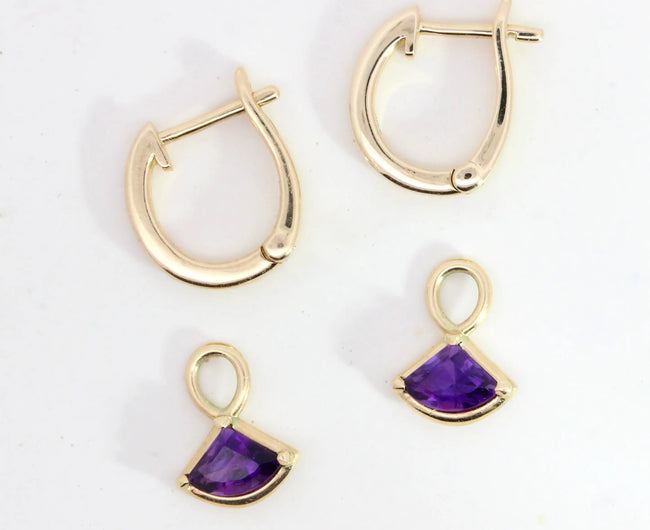 9ct Solid Gold Amethyst Charm Hoop Earrings