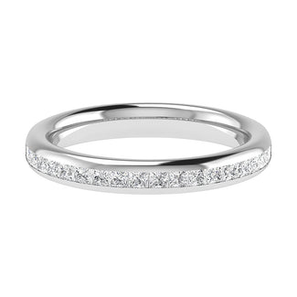 A white gold channel set ring by Holts Gems, featuring a row of small princess cut diamonds set into the band, displayed on a white background.