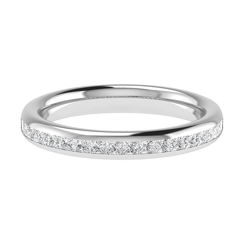 A white gold channel set ring by Holts Gems, featuring a row of small princess cut diamonds set into the band, displayed on a white background.