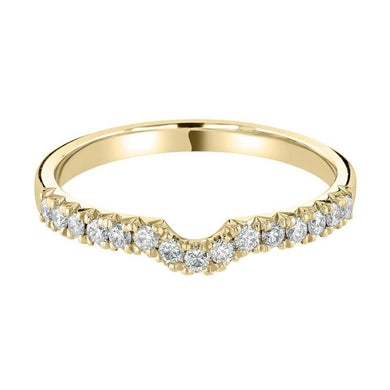 The Holts Gems Diamond Set Fitted Band features a chevron-shaped gold band adorned with small round diamonds along the top half, creating a delicate and elegant wedding ring design.