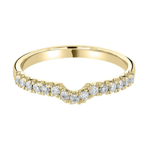 The Holts Gems Diamond Set Fitted Band features a chevron-shaped gold band adorned with small round diamonds along the top half, creating a delicate and elegant wedding ring design.