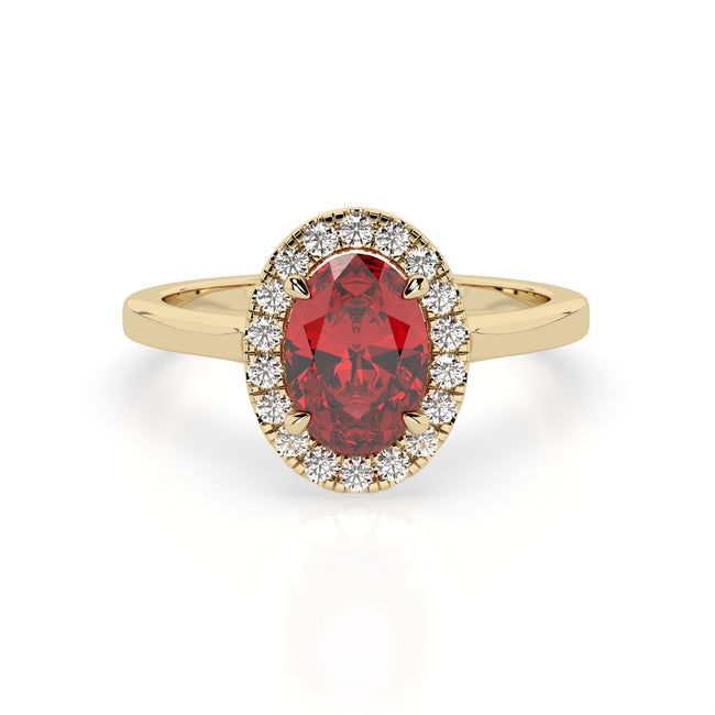Ruby Elowen oval ruby diamond halo engagement ring