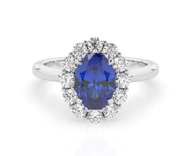 Sapphire Luna features a 1.86ct oval blue sapphire set on a white gold band, encircled by a halo of round white diamonds.