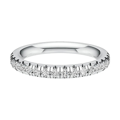 The Holts Gems Micro Pave Eternity Ring in white gold features a row of small round natural diamonds set across the top half, displayed against a white background—an elegant choice for a wedding band.