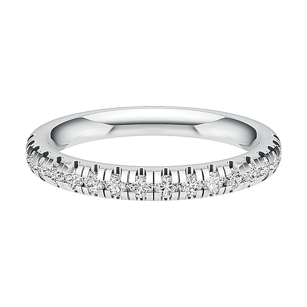 The Holts Gems Micro Pave Eternity Ring in white gold features a row of small round natural diamonds set across the top half, displayed against a white background—an elegant choice for a wedding band.