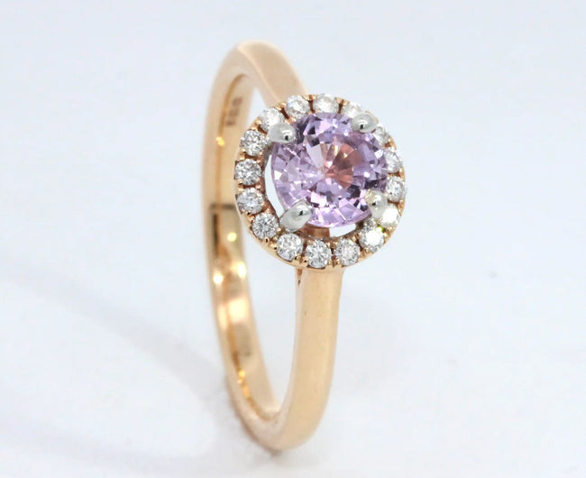 Round Pink Sapphire Diamond Halo Ring