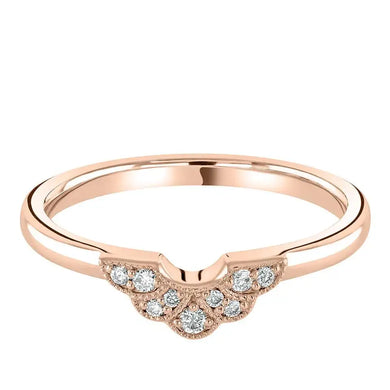 The Holts Gems U Shape Vintage Inspired Diamond Band is a rose gold wedding ring featuring a curved, scalloped design with nine small round diamonds set at the center of the band and delicate milgrain detailing for added elegance.