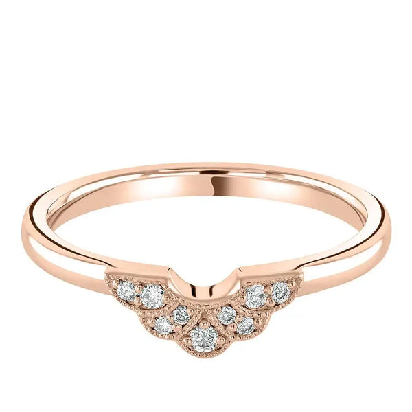 The Holts Gems U Shape Vintage Inspired Diamond Band is a rose gold wedding ring featuring a curved, scalloped design with nine small round diamonds set at the center of the band and delicate milgrain detailing for added elegance.